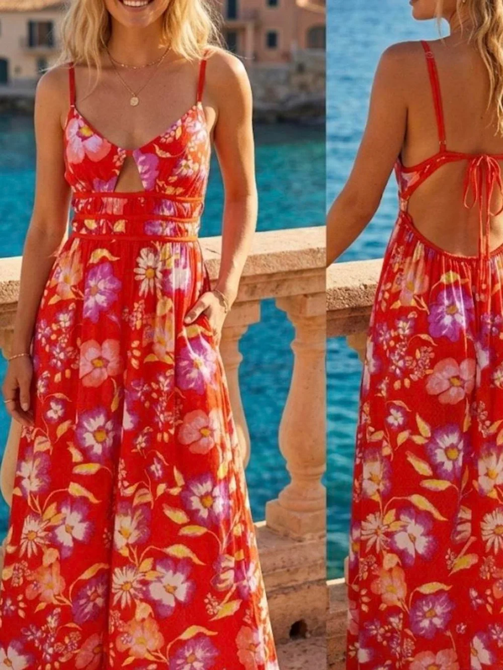 Free People M Wisteria Orange Floral Maxi Dress with Spaghetti Straps